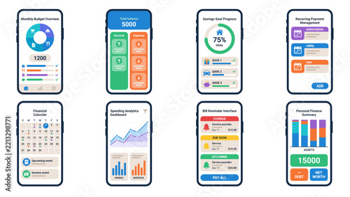 Fintech Personal Finance Mobile App UI Screens for Budgeting Savings and Expense Management