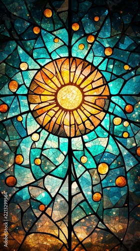Vibrant Abstract Stained Glass Sunburst with Blue and Orange Textured Panels