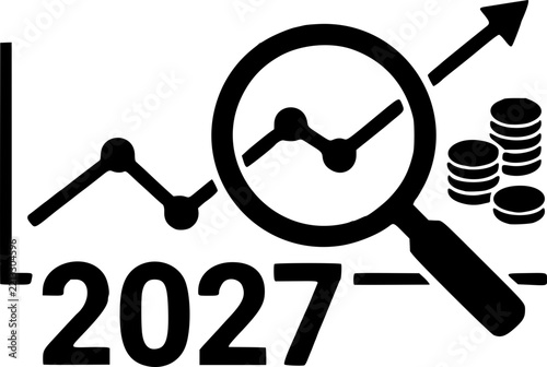 Financial analysis and business growth icon for the year 2027 featuring a magnifying glass examining a rising chart, data trends, and stacks of coins in a clean vector graphic design.