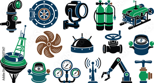 Deep sea exploration machinery including periscope hatch spotlight oxygen tanks submarine drone propeller gauge valve compass