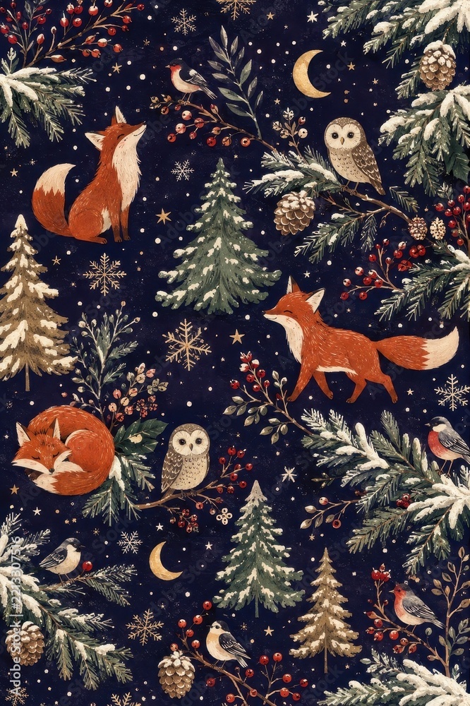 Fototapeta premium Festive woodland Christmas pattern with foxes, owls, birds, pine trees