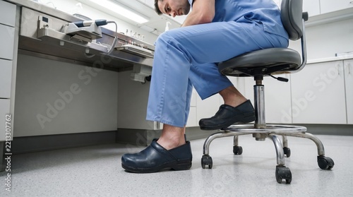 Busy healthcare professional rests momentarily in a clinical setting while preparing for the next patient appointment Generative AI