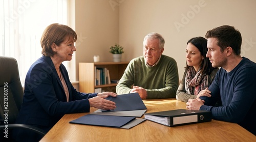 Female funeral director discussing arrangements with grieving family in office depicting professional compassionate bereavement support