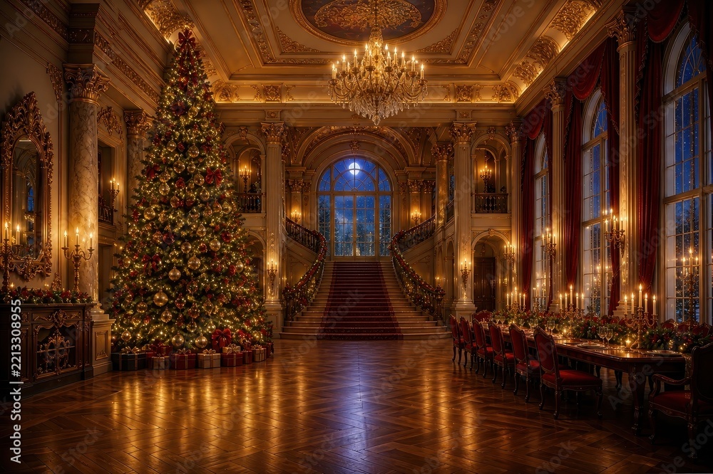 Obraz premium Luxurious Christmas tree glows inside a grand palace hall