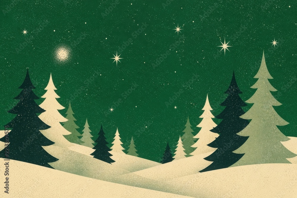 Fototapeta premium Vintage winter forest landscape beneath starry green night sky