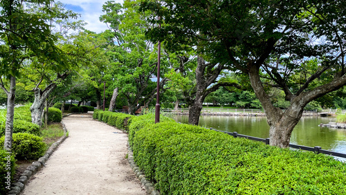 Obraz na plátně Omura Park surrounded by ponds and greenery in Nagasaki