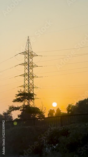 power lines at sunset in Gurugram city, View of sunset in Gurugram City, Millennium City of India