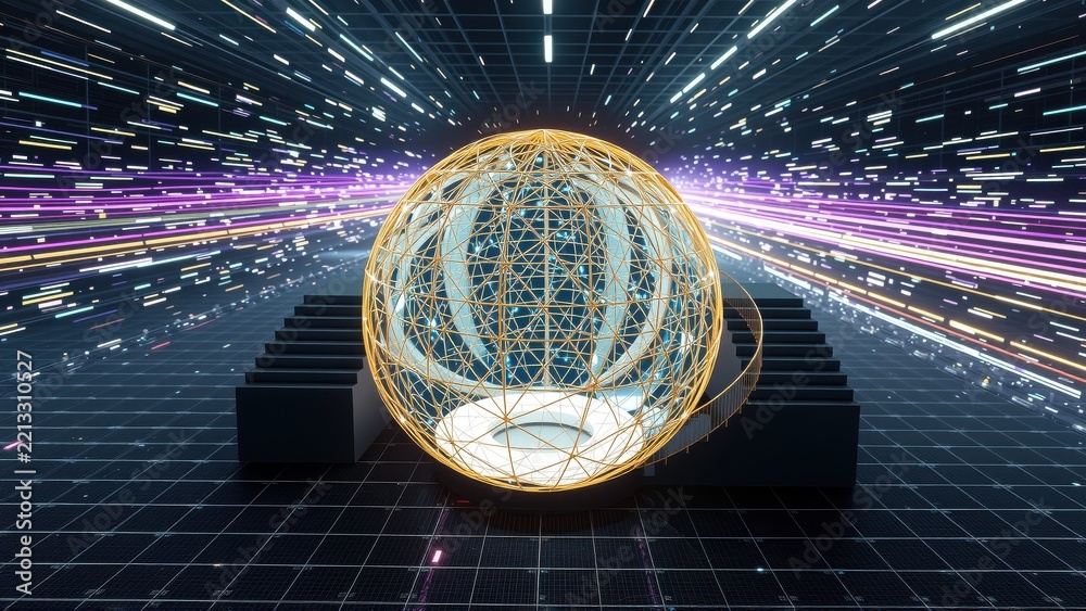 Fototapeta premium Glowing sphere rests atop pedestal. Digital lines radiate outward, creating futuristic tunnel effect. Dark background emphasizes bright illumination.