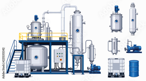 Industrial chemical processing equipment setup with tanks and pipes