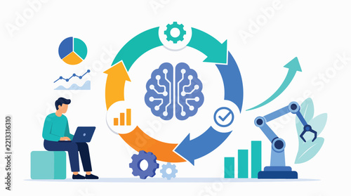 AI and data analysis concept with brain and charts illustration