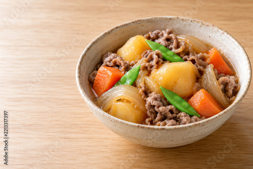 Traditional Japanese nikujaga with beef potatoes and vegetables