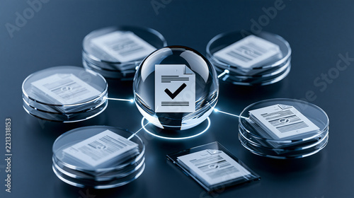 3D visualization of an AI knowledge engine tracing information back to multiple original source documents, glowing lines connecting a central answer sphere to transparent document objects, subtle