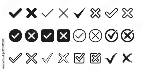 Set of black check mark and cross mark icons for survey and checklist