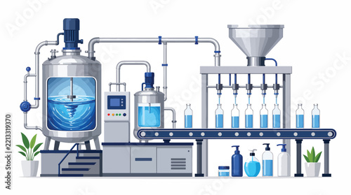 Modern pharmaceutical production line with automated machinery and bottling system