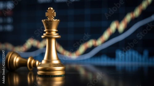 Golden chess king stands before a blurred stock market chart. This image symbolizes financial victory and strategic success in investment.