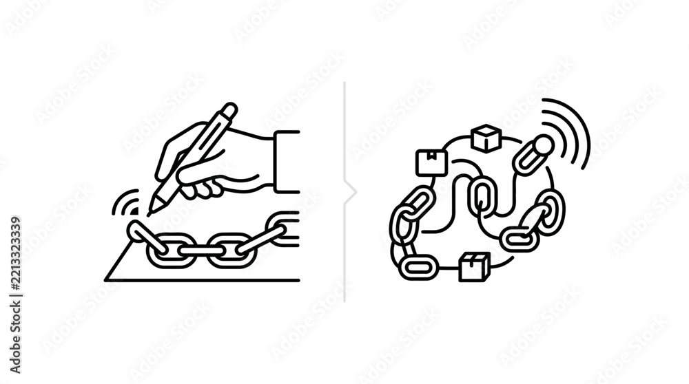 Fototapeta premium Blockchain chain sketching and decentralized network node icons.