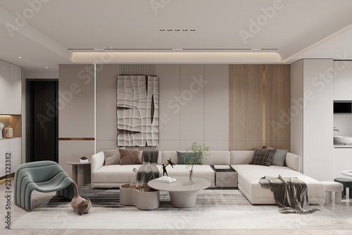 Luxurious Modern Living Room with Artistic Wall Decor and Minimalist Furniture