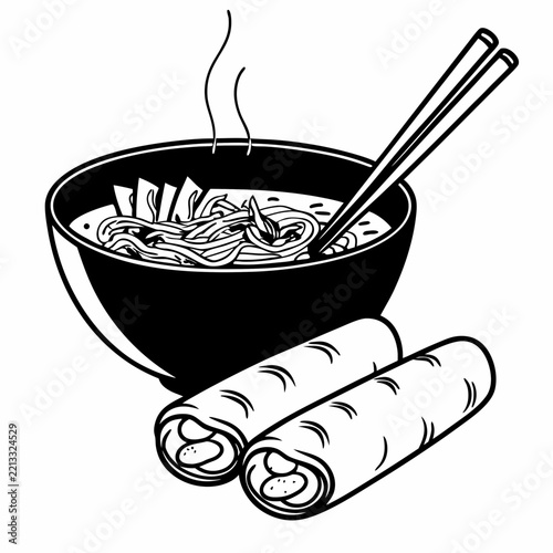 Delicate Line Art Illustration of Vietnamese Pho and Spring Rolls