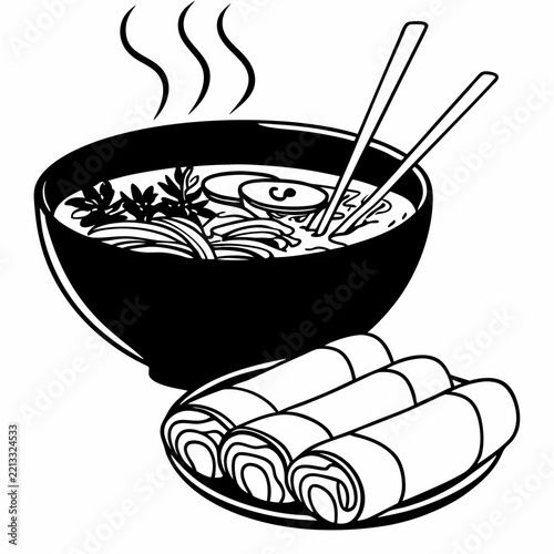 Delicate Line Art Illustration of Vietnamese Pho and Spring Rolls