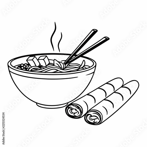 Delicate Line Art Illustration of Vietnamese Pho and Spring Rolls