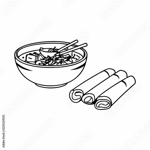Delicate Line Art Illustration of Vietnamese Pho and Spring Rolls
