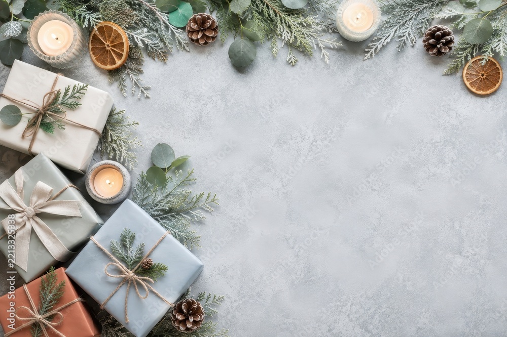 Fototapeta premium Christmas gifts, greenery and candles on frosty background