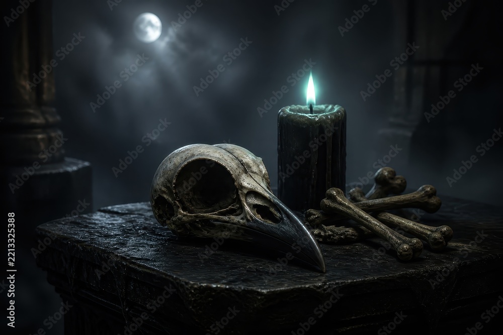 Fototapeta premium Gothic raven skull, bones, candlelit table under moonlight