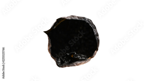 Cracked dark brown textured hole with black interior, isolated on transparent background