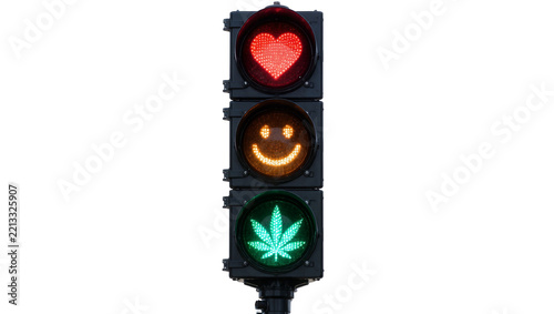 Traffic light with heart smiley face and marijuana leaf symbols, isolated on transparent background