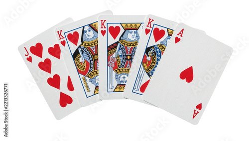 Five heart playing cards including Jack three Kings and Ace, isolated on transparent background