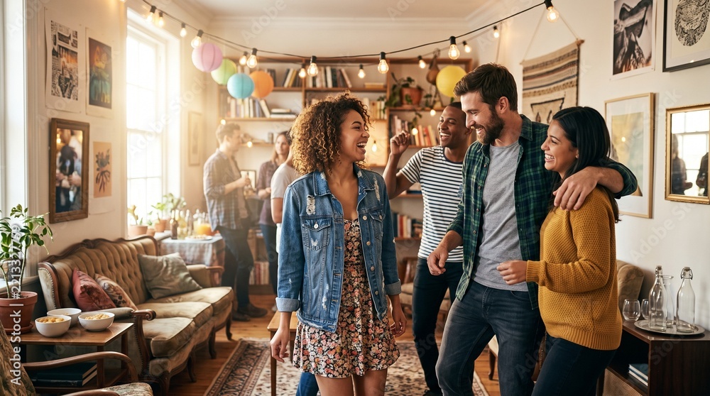 Obraz premium Group of cheerful young adult friends dancing and laughing together at cozy home indoor party symbolizing youth friendship and social celebration