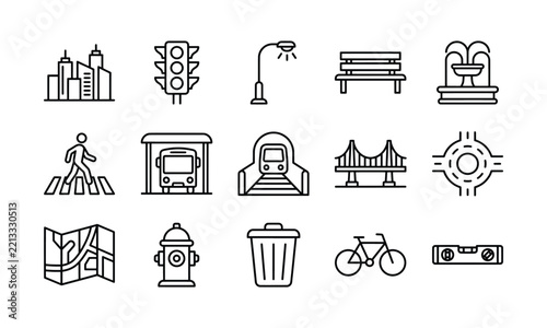 A comprehensive set of black line vector icons depicting various urban infrastructure and city elements.
