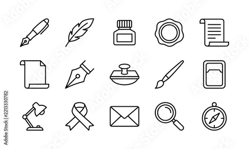 A collection of black outline vector icons representing writing tools, office supplies, and vintage stationery items.