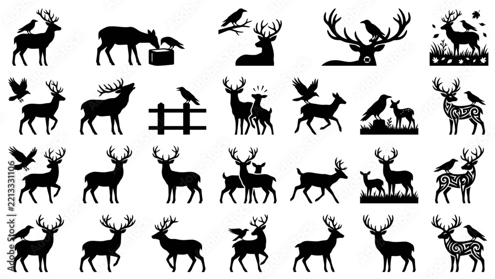 Fototapeta premium Black deer and raven silhouettes set featuring various majestic animals standing walking grazing and interacting with birds in minimalist graphic vector style illustrations for creative design project