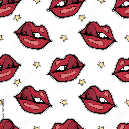 Funny hand drawn vector seamless pattern with red lips