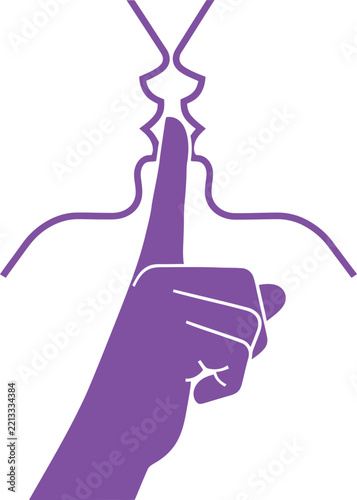 Minimalist illustration of a hand making a shush gesture in front of two faces about to kiss