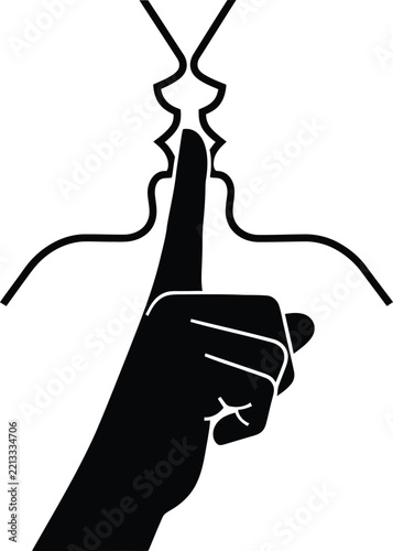 Minimalist illustration of two faces kissing with a hand gesture for silence