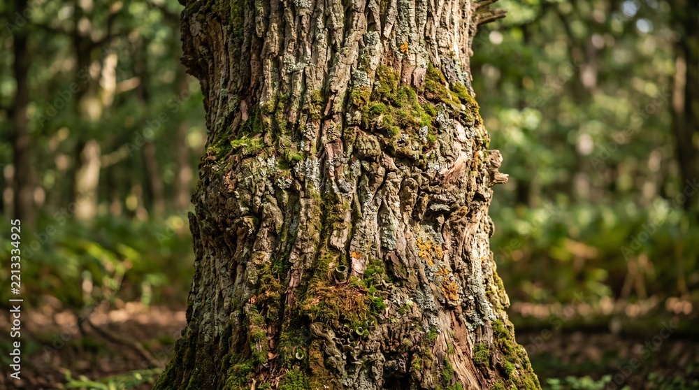Obraz premium Detailed bark texture of ancient oak tree trunk covered with green moss in forest sunlight