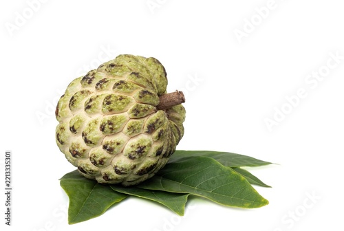 Closeup of Ripe Sweetsop Fruit or Custard Apple with Green Leaves Isolated on White Background and Copy Space, Also Known as Sugar Apple
