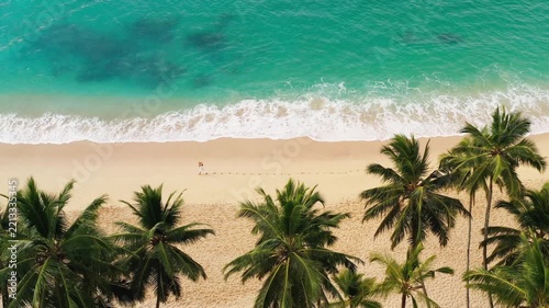 Woman Walking on a Tropical Sandy Beach with Palm Trees Top View