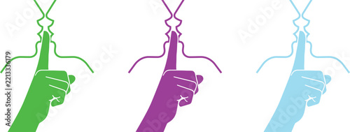 Set of three colorful silhouettes of two people kissing with a finger gesture for silence