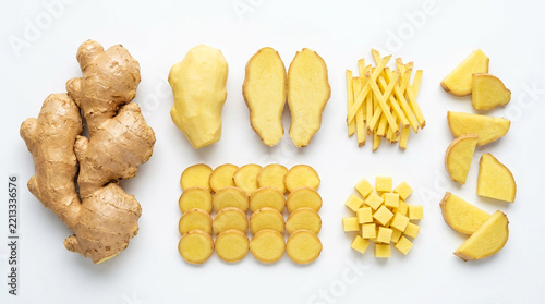 Collection of fresh ginger isolated on a white background, showcasing whole ginger, peeled ginger, ginger half, sliced ginger rounds, ginger sticks, diced ginger cubes, and ginger wedges.