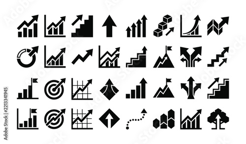 Set of black business growth icons showing upward trends and success