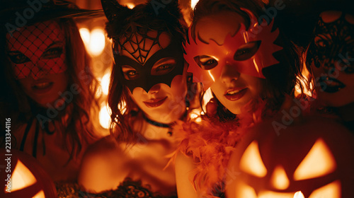 Women in Halloween masks and costumes holding glowing jack-o'-lanterns at a mysterious masquerade party