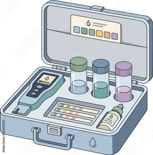 Water quality testing kit with digital meter and chemical vials.