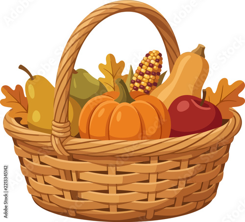 Wicker Basket Filled with Fresh Autumn Harvest Fruits and Vegetables.