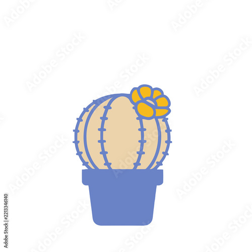 Round cactus with yellow bloom in blue pot