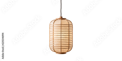Asian style hanging lantern pendant light with wooden lattice shade and warm inner glow.
