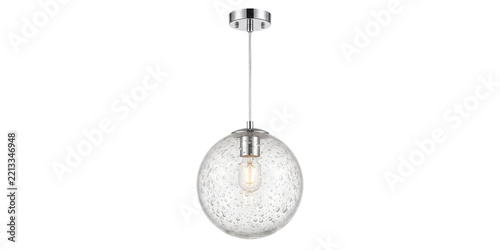 Contemporary chrome pendant light fixture featuring a bubble seeded glass globe shade.