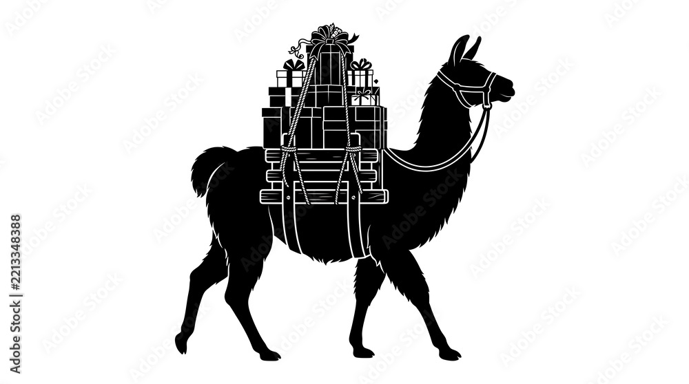 Fototapeta premium Christmas llama carrying a stack of wrapped gift boxes in black